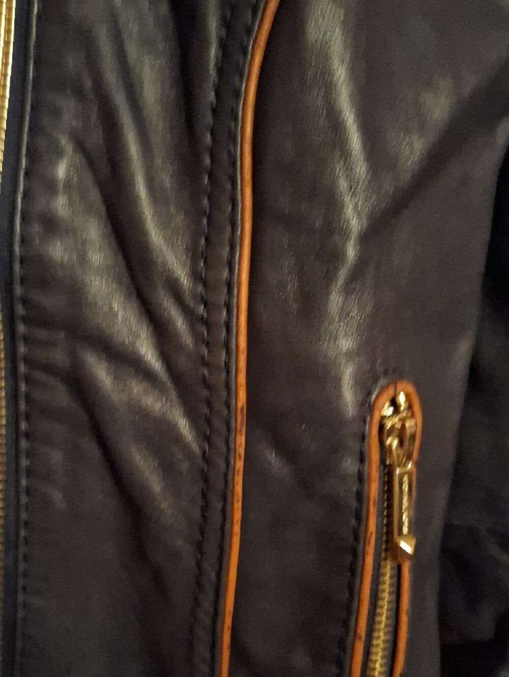 Michael Kors Navy Leather Moto Jacket with Tan Contrast Trim - Picture 4 of 15